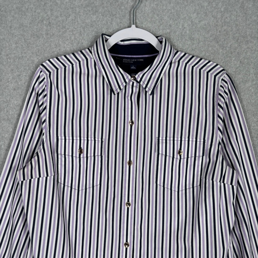 Jones New York Button Up Shirt Large Purple Striped Preppy Old Money Classic